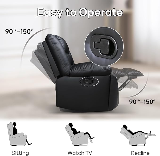 EBELLO Manual Faux Leather Recliner Sofa Set, Recliner Chair, Loveseat Reclining Sofa and 3 Seat Sofa, Couch Set for Living Room, Bedroom, Meeting Room, Black