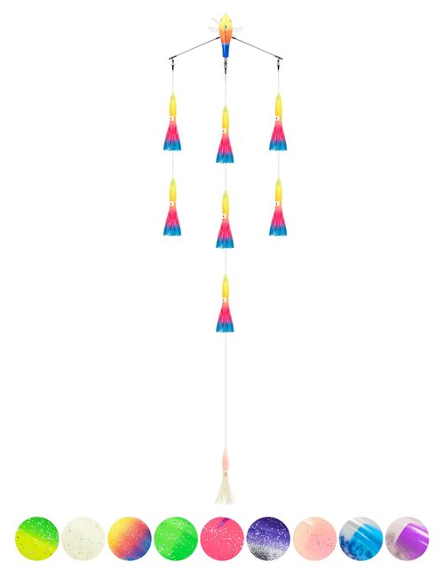 BLUEWING 18" Upgraded Fishing Spreader Bar Port Walker Offshore Trolling Spreader Bar with 6" Bulb Squids and 316 Stainless Steel Rod for Wahoo Tuna Marlin Mahi Mahi, Rainbow