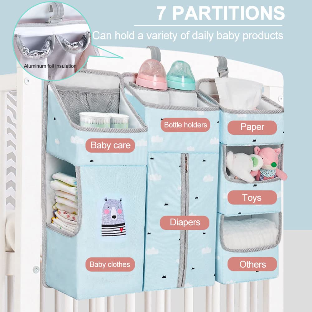 TOCKONIMN Hanging Diaper Caddy Organizer for Baby Crib - 3-in-1 Diaper Stacker for Changing Table Nursery Organization Storage Holder for Baby Essentials Attachment Portable Combining (Sky Blue)