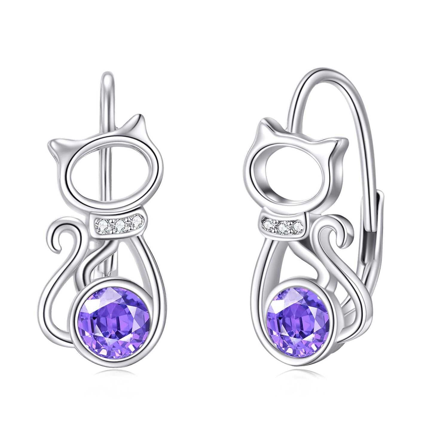 AOBOCO 925 Sterling Silver Cat Earrings for Women Purple Crystal Leverback Dangle Earrings Cat Jewelry Packaged with Jewelry Box Gifts for Women Wife