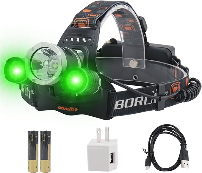 BORUIT RJ-3000 LED Green Headlamp,3 Modes White and Green LED Hunting Headlight,Super Bright USB Rechargeable Tactical Hea...