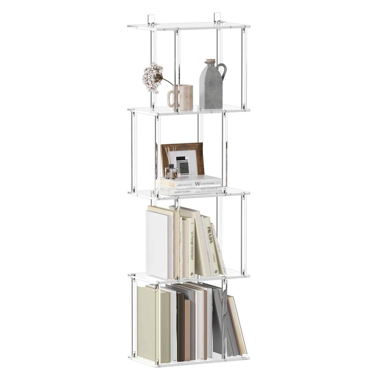CRTERICX Acrylic Geometric Bookshelf for Small Spaces, 5-Tier Clear S Shaped Bookcase, Modern Open Book Shelf for Living Room, Bedroom, Office, 9.3" D x 15.6" W x 48.8" H, Easy Assembly