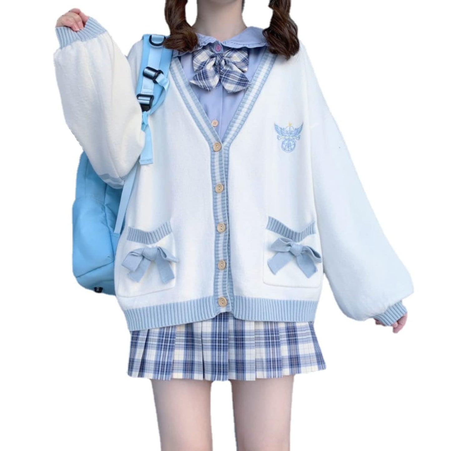 Preppy Aesthetic Clothes for Teen Girls Cute Cardigan Kawaii Cardigan JK Uniform Knit Sweater Cute School Cosplay Sweater (M,A Blue)