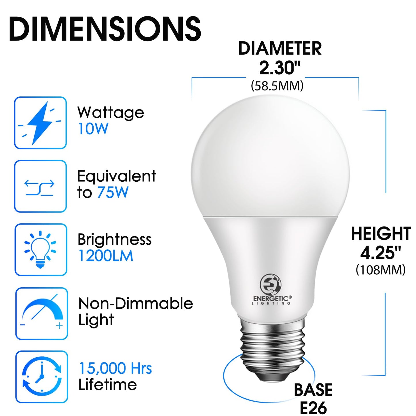 Energetic Light Bulbs 75 watt, Super Brightness 1200LM, Soft White 2700K, Non-Dimmable A19 LED Bulb, E26 Standard Base, UL Listed, 4 Pack