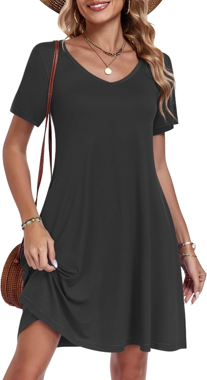 AUSELILY Tshirt Dress Women Swing Floral Short Sleeve V Neck Vacation Beach Mini Dress with Pockets