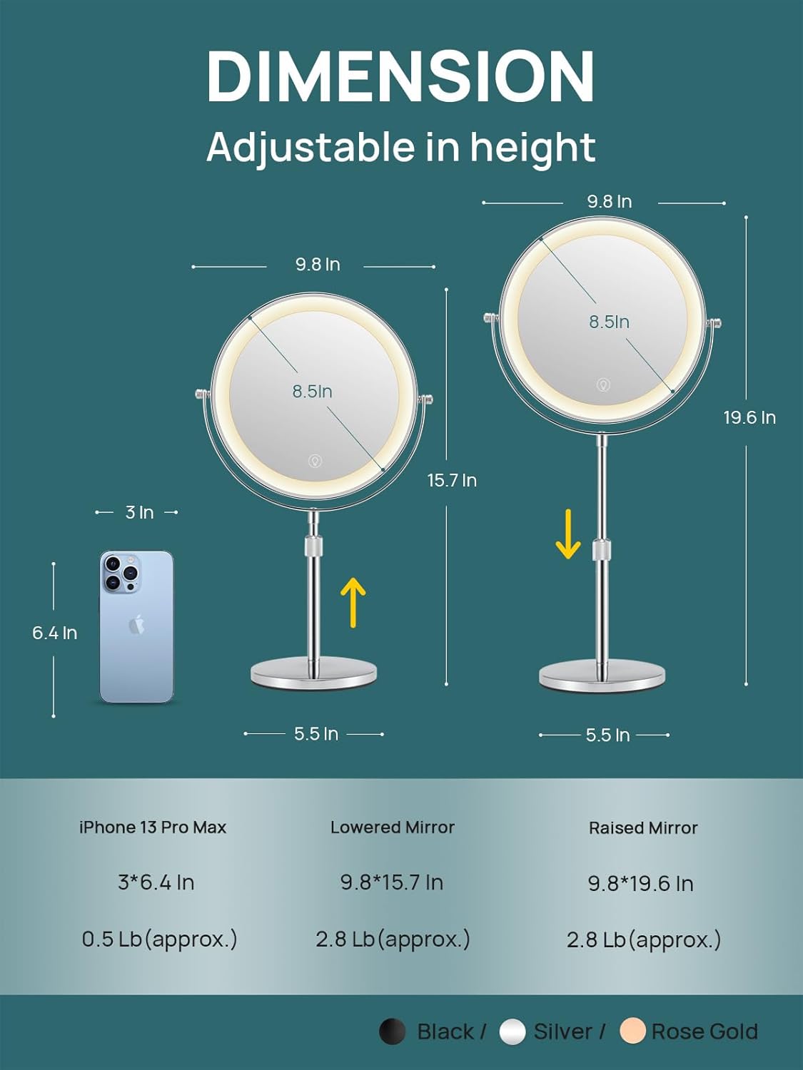 OMIRO 3X/10X Magnifying Makeup Mirror with Lights, 8.5 Inches Double Sided Swivel-Free Vanity Mirror with Height-Adjustable Stand. (Silver)