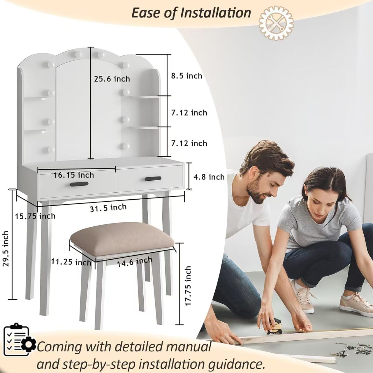 HIULOG Makeup Vanity Desk with Mirror, Vanity Desk with Lights and Mirror, Makeup Vanity with Drawers and Chair White Dressing Table