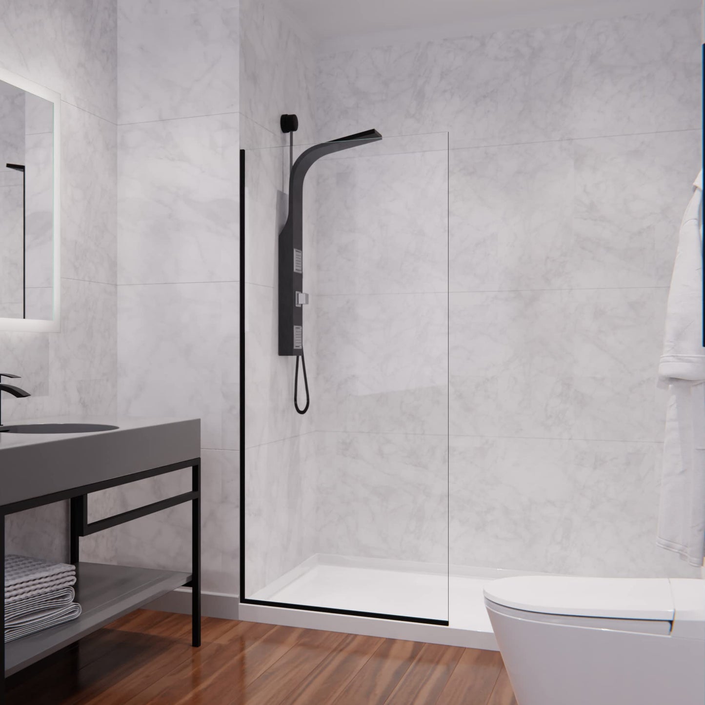 ANZZI Frameless Fixed Shower Door 34 in. x 74 in. Matte Black Clear Tempered Glass Panel with Tsunami Guard Coating, Reversible Screen Design, Hardware Included, ANSI Certified | SD-AZFL06001MB