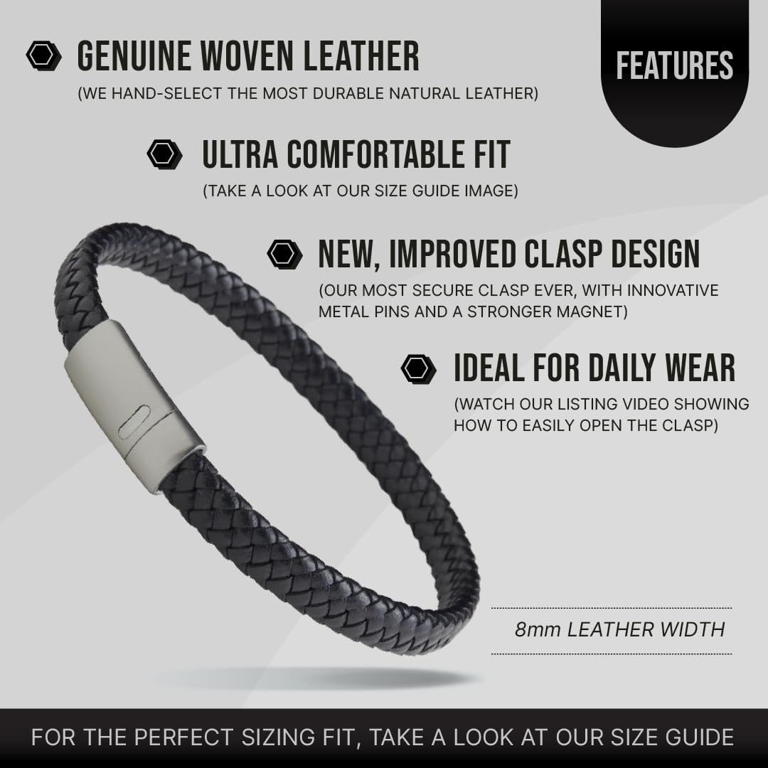 LUXAR Mens Genuine Leather Bracelets | Interwoven Black Leather Bracelets with Brush Stainless Steel Clasp | Minimalist, Designe
