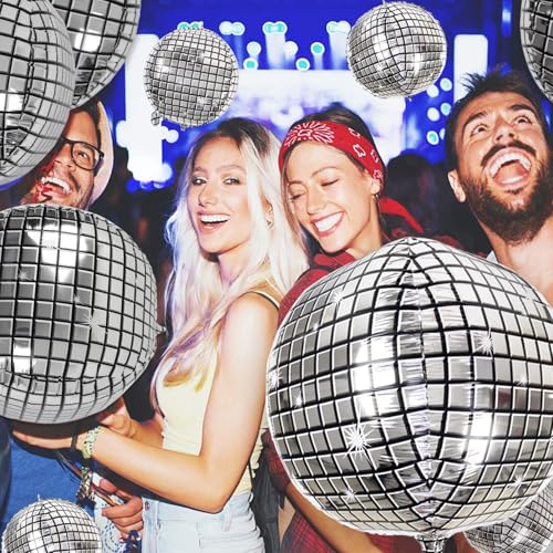 20Pcs Disco Ball Balloons Different Sizes- 4D Large Disco Balloons 32” 22” 10 Inch Assorted Round Metallic Silver Mylar Ba...