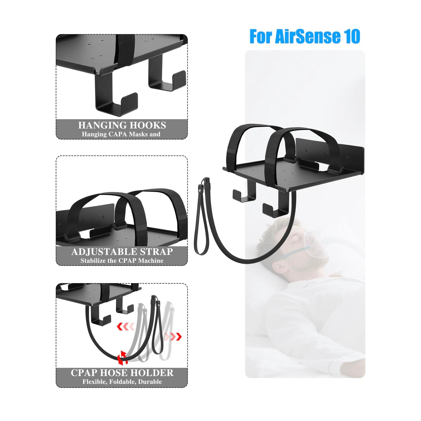 Wall Mount for CPAP Machine Compatible with ResMed AirSense 10 Lightweight Aluminum Design with Anti Slip Straps and Hose Management Hook Bedside Organizer Non Medical Device