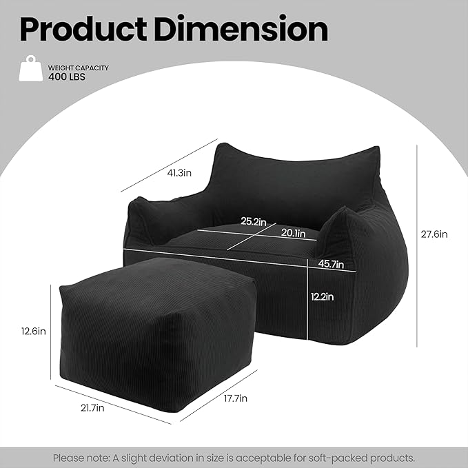 YOURLITE Bean Bag Chair for Adults with Footrest, High-Resilience Foam Filled Bean Bag Sofa with Armrests and Backrest, Comfy Corduroy Floor Sofa for Living Room, Bedroom or Balcony (Dark Grey)