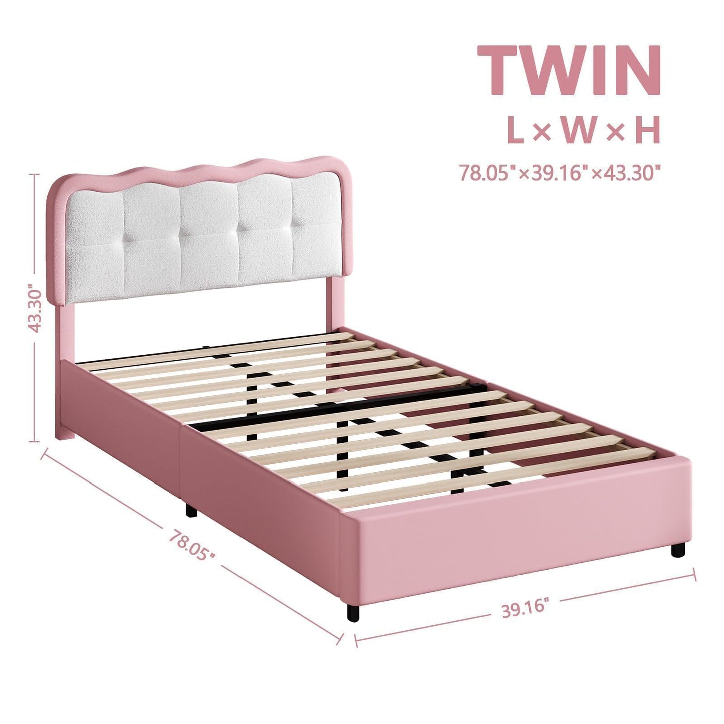 Twin Bed Frame, Upholstered Platform Bed with Cloud Headboard, Anti-Collision Soft Rounded Corners, No Box Spring Required, Easy Assembly, Pink