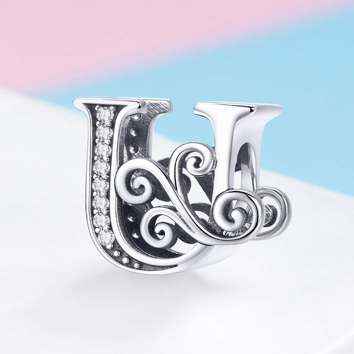 BISAER 925 Sterling Silver Initial Letter U Charms for Bracelets Alphabet Beads Charm Jewelry Gifts