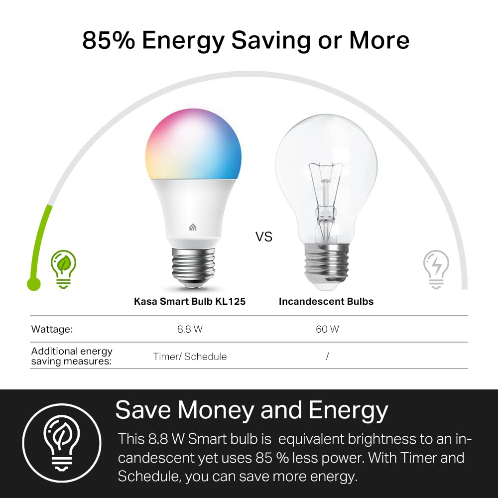 New Kasa Smart Bulb, Full Color Changing Dimmable Smart WiFi Light Bulb Compatible with Alexa and Google Home, A19, 9W 800 Lumens,2.4Ghz only, No Hub Required, 1-Pack (KL125), Multicolor