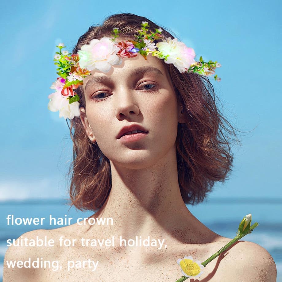 Foyte Flower Headbands Light up Floral Hair Wreath LED Flower Headband Crown Boho Glowing Headpiece for Women