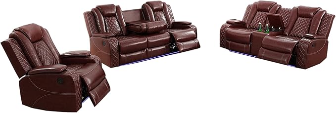Toseslo Power Recliner Sofa Set, Brown Leather 3 Pieces Sectional Couch, Living Room Furniture Sets with LED Light, Modern Power Reclining Sets with Storage Console/Cup Holder for Living Room