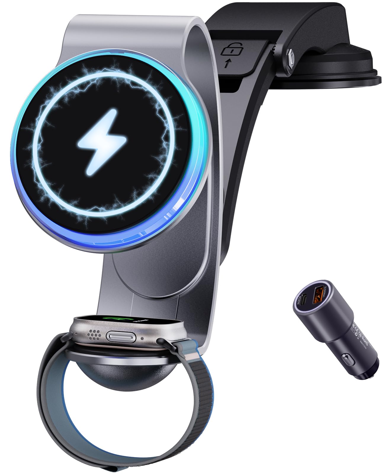 2-In-1 For Magsafe Car Charger Mount For Iphone & Apple Watch - 15W Fast Wireless Charging For Iphone 16/15/14/13/12, 3W For App