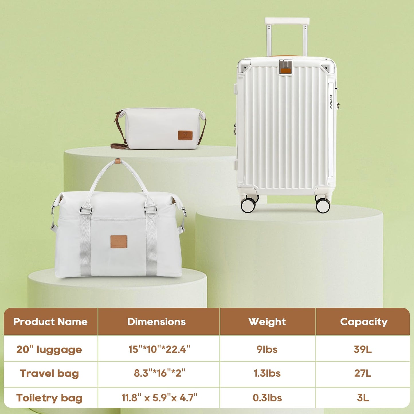 Joyway 20in Carry On Luggage with Cup Holder and USB Port, 25% Expandable Capacity, Smart Suitcase with Anti Slip Wheels and Handbag, Perfect for Men and Women 3 Piece Set White