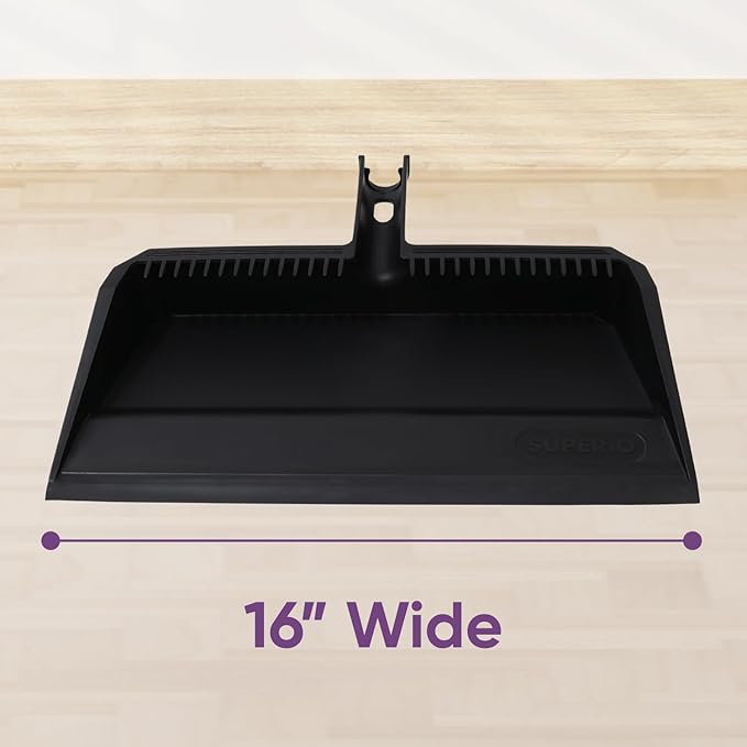Superio 4-Pack Wide Plastic Dustpan with Comb - 16" Wide, Rubber Lip, Broom Handle Clip, Black