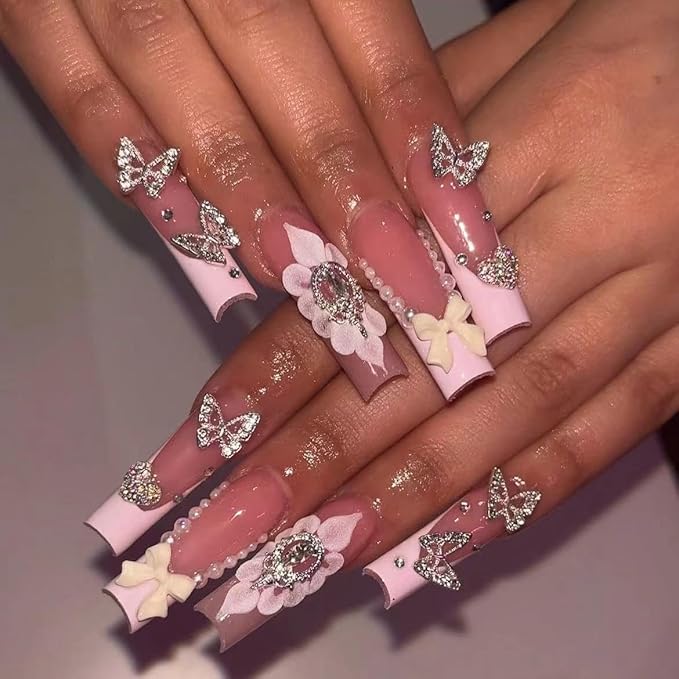55 Pcs 3D Silver-Pink Nail Charms Y2K Set: Snowflakes, Stars, Dangle Stars, Hearts, Dangle Hearts,Cherries, Maple Leaves, Butterflies, Dollars Silver Nail Charms Y2K