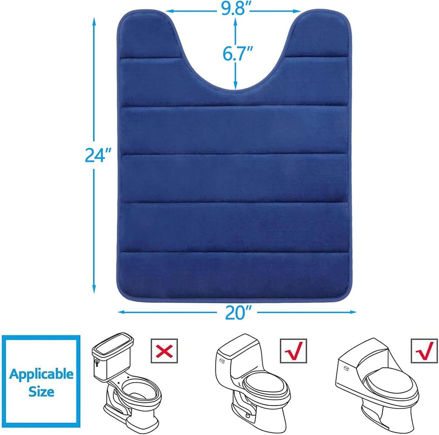 Buganda Memory Foam U-Shaped Contour Toilet Rugs, Non Slip Absorbent, Thick Soft Washable Bathroom Mat, Floor Carpet Bath Rugs Mat for Toilet Base (24" x 20", Navy Blue)