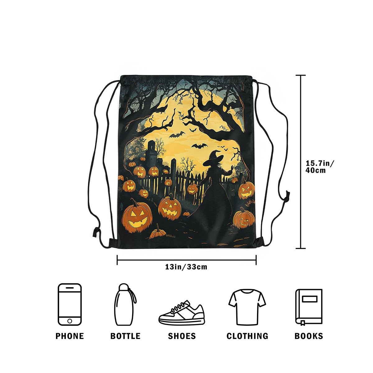 Halloween Style Drawstring Backpack Pumpkin Lantern Moon String Bag Shoulder Bags Gothic Style Drawstring Bags for Picnic Gym Sport Travel