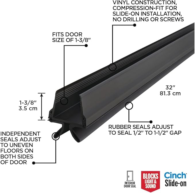M-D Building Products Vinyl Cinch U-Shape Door Bottom Seal, Slide-On Weatherstripping Draft Stopper, Easy to Install, Fits 36” x 1-3/4” Doors, Fills 3/8”- 3/4” Gaps, 43339, Black