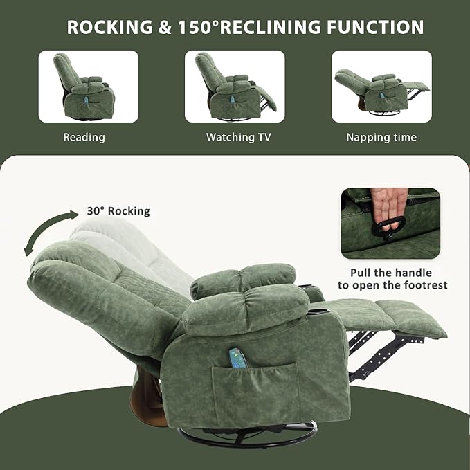 Comermax Massage Recliner Chair with Heat, 360° Swivel Rocker Recliner Chair with Cup Holders, 150° Recline PU Leather Recliner for Living Room, Dark Green