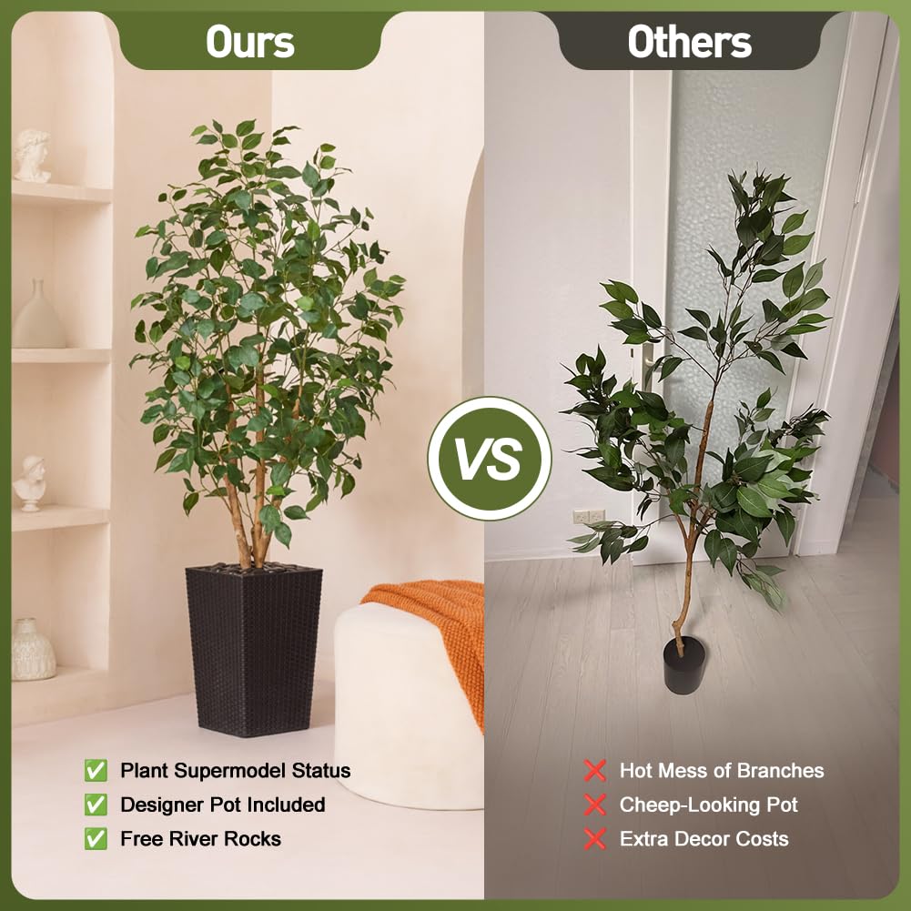 VeriNatural 5ft Artificial Ficus Tree,Tall Faux Tree with Silk Leaves & Real Wood Trunk,UV Resistant Potted Fake Plant with Pebbles & Planter-Indoor Outdoor Floor Plant for Home,Living Room,VN129