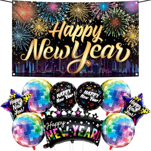 KatchOn, Neon New Years Decorations 2026 Set - Huge, Pack of 10 | Rainbow Happy New Year Banner, New Years Balloons, Disco...