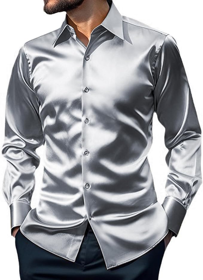 AOTORR Men's Luxury Shiny Silk Like Satin Button Up Dress Shirts Slim Fit Long Sleeve Nightclub Party Disco Prom Shirts
