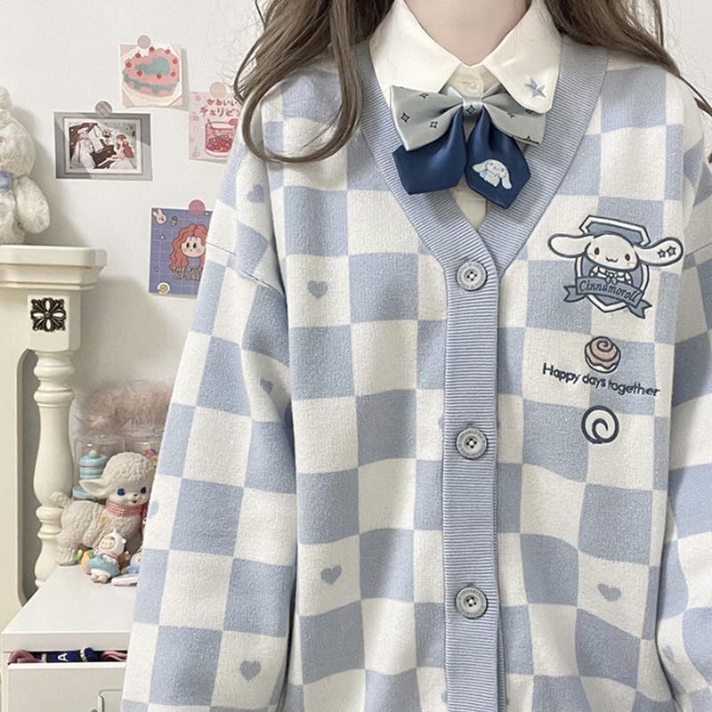 Kawaii Sweater Anime Blue Plaid Cardigan Sweaters for Women Cosplay Costume V Neck Long Sleeve Women's Button Knitted Outerwear JK Uniform S