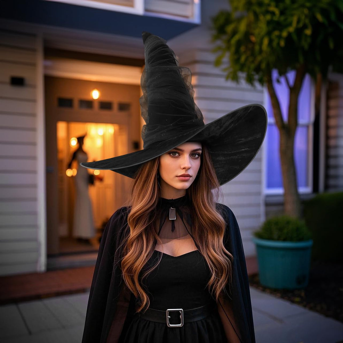 JEGERMIG Women's Black Masquerade Ruched Witch Hat Oversized Witches Velvet Hats Wide Brim Party Halloween Accessory
