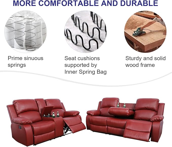 A Ainehome Living Room Furniture Set Leather Recliner Sofa Set Loveseat Chair Furniture Sofa Set for Living Room/Small Space/Rv/House/Office/Theater Seating (A-Red Leather, Sofa+Loveseat)