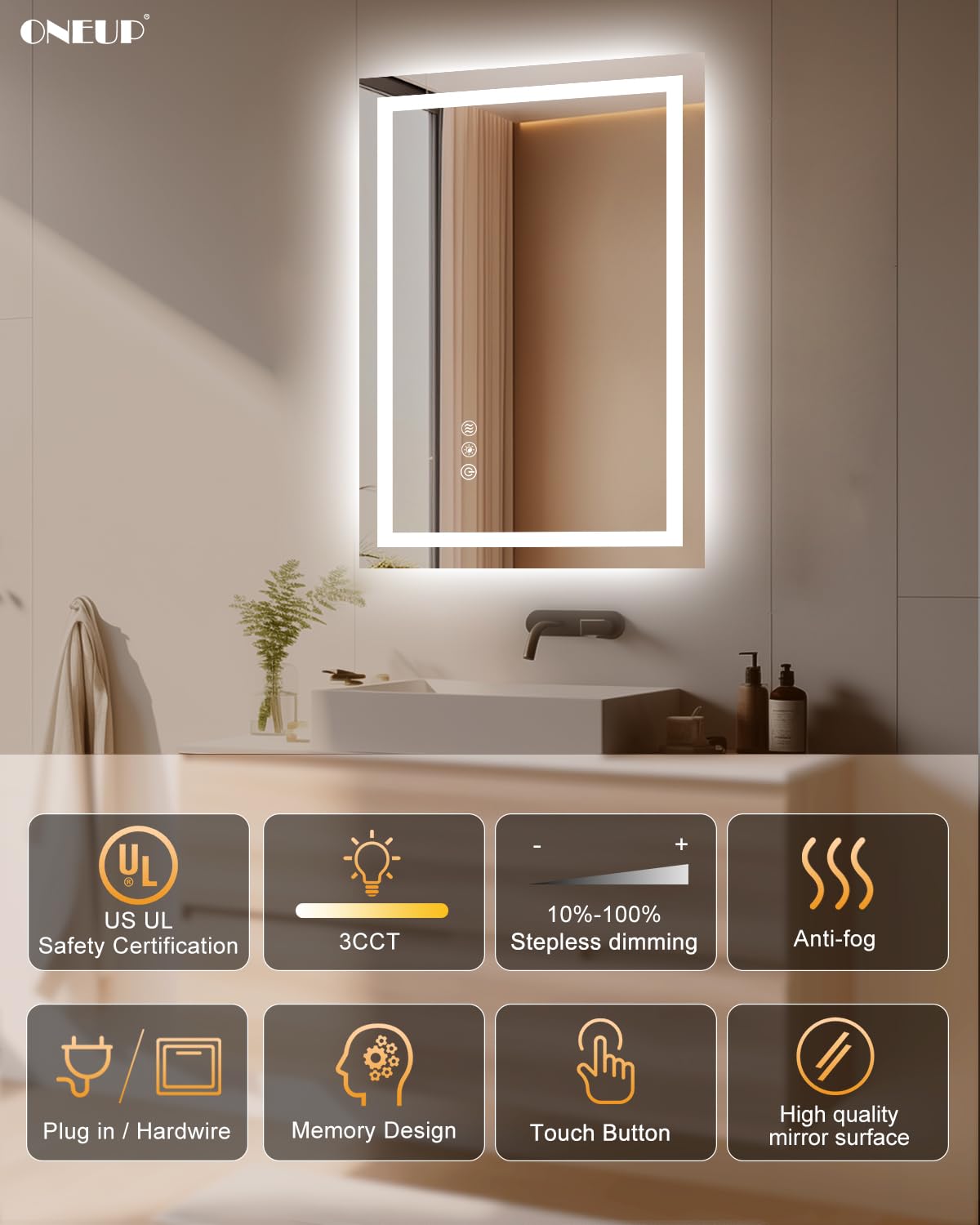 oneup 16x24''Small Bathroom Mirror with Lights,Front Lighted Bathroom Mirror for Wall,Stepless Dimmable,Anti-Fog,Modern LED Vanity Mirror,Memory,Touch Botton