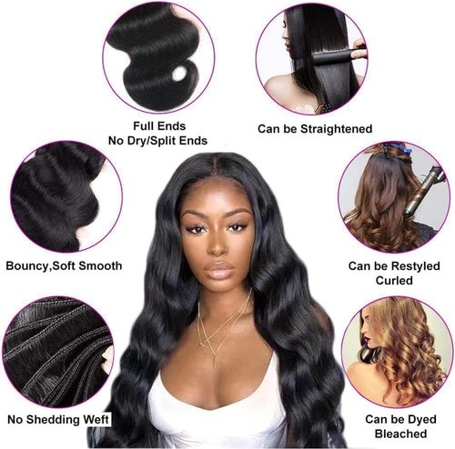 MsSunlight 12A Human Hair Bundles 16 18 20 22 Inch Body Wave Bundles Human Hair 100% Unprocessed Brazilian Virgin Hair 4 Bundles Deals Human Hair Extensions Quick Weave Natural Black