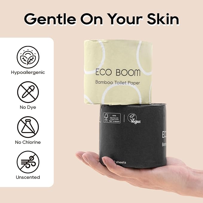 ECO BOOM Toilet Paper 100% Bamboo 3-Ply, PFAS Free, BPA Free, Septic Safe, 48 mega Rolls, FSC Certified, 360 Sheets, Plastic & Chemical Free