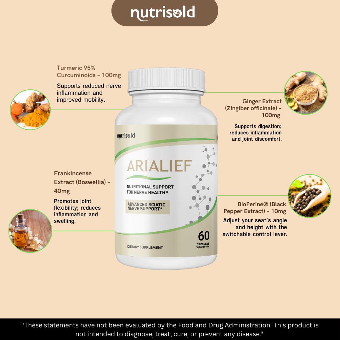 Nutrisold ARIALIEF - Nerve Health Support Supplement, Sciatic Nerve & Neuropathy Relief, Advanced Herbal Formula - 60 Capsules