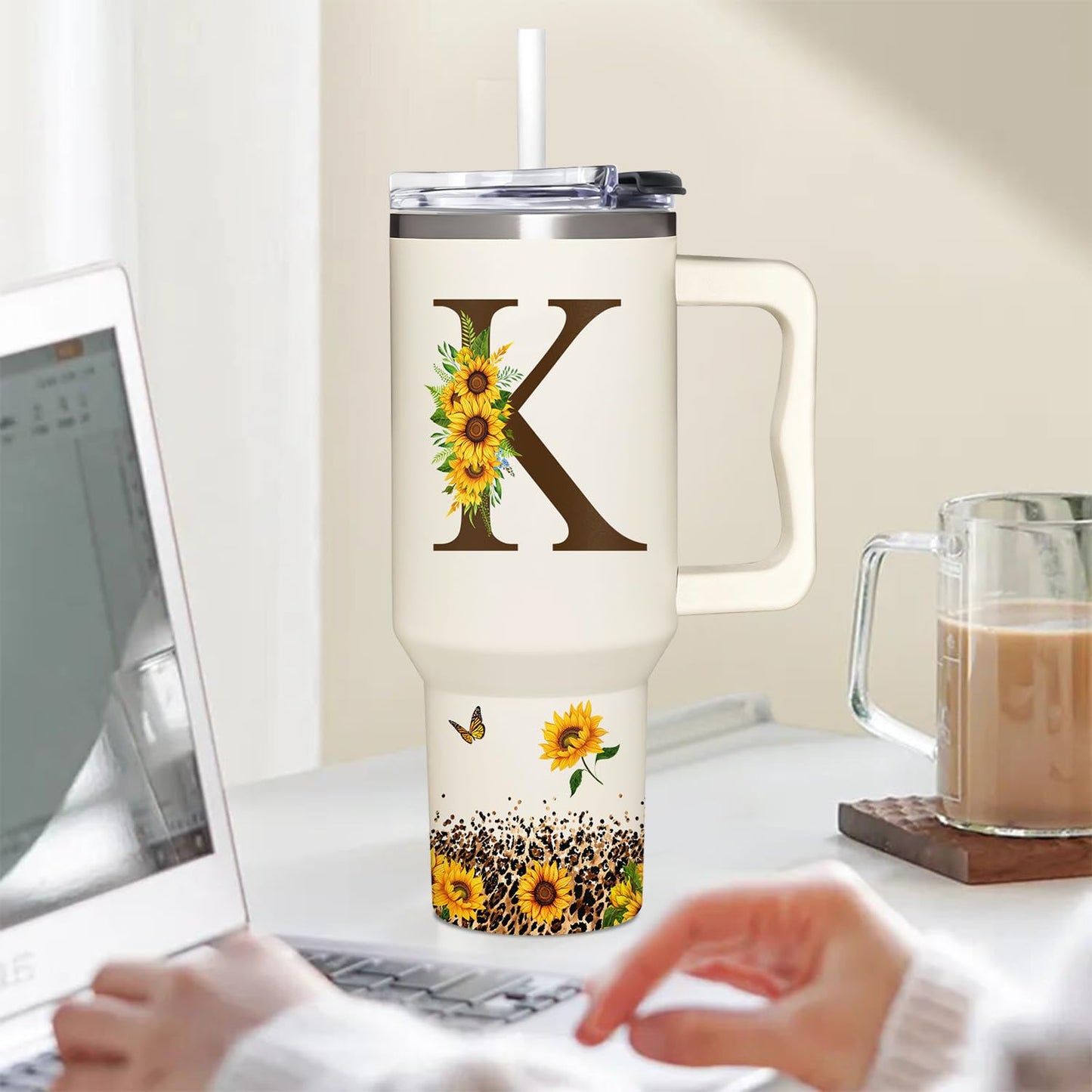 Sunflower Gifts For Women - Personalized Birthday Gifts For Women - Sunflowers Monogrammed Cup For Mother's Day - Customized Gifts For Mom, Grandma, Boss Lady, Her Tumbler With Handle 40oz