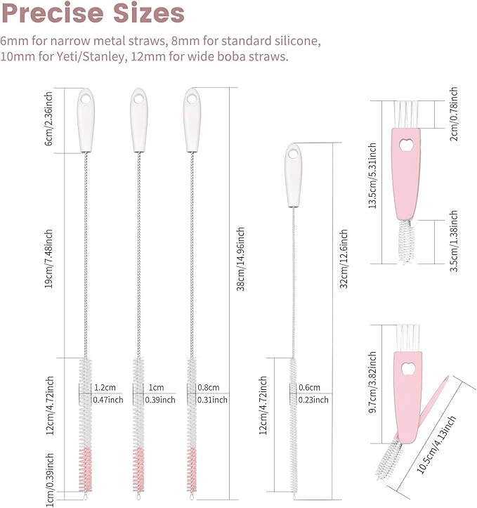 Straw Cleaner Brush Set, 4 Sizes (6/8/10/12mm) & 3-in-1 Lid Brush, 15-inch Extra Long Bristles for Deep Cleaning, Fit for Stanley and Reusable Straws (Pink)