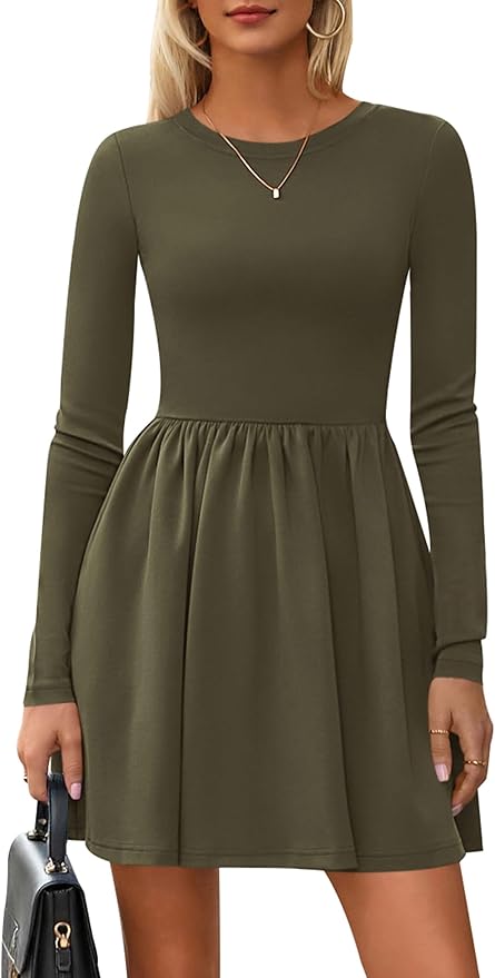 PRETTYGARDEN Women's Long Sleeve Mini Dresses 2025 Fall Casual Crewneck Pleated A Line Party Cocktail Short Dress with Pocket