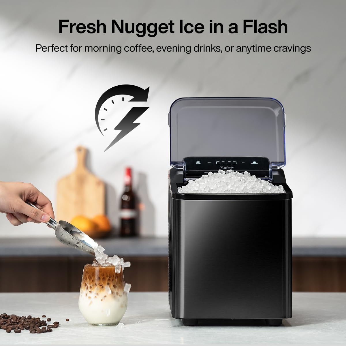 Typhur Fast Nugget Ice Maker Countertop, Chewable Pebble & Pellet Ice Machine with Self-Cleaning Pump & 8-Pack Cleaners, 35lbs/24H Crushed Ice for Kitchen, Bar, RV, Outdoor (Black Stainless Steel)