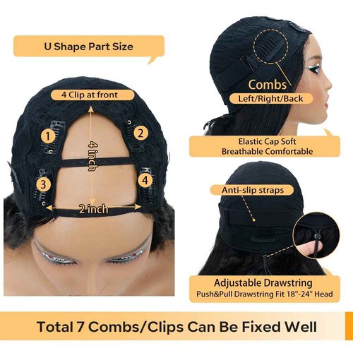 U Part Human Hair Wig Body Wave Drawstring Wig 180% Density U Part Wig Brazilian Virgin Human Hair wigs for Women Full Head Clip in Half Wigs Glueless No Leave Out Lace Front Wig Natural Color 18inch