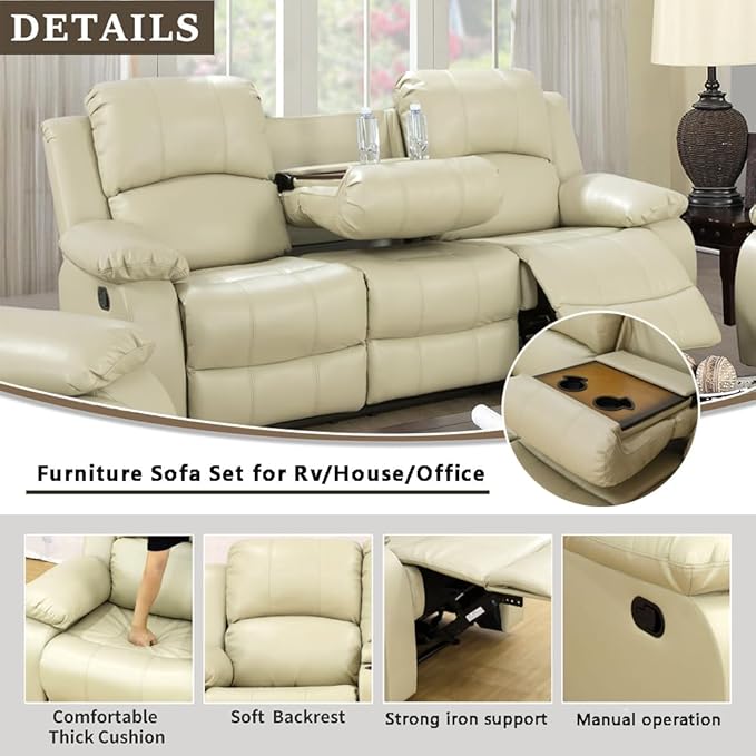 A Ainehome Living Room Furniture Set Leather Recliner Sofa Set Loveseat Chair Furniture Sofa Set for Living Room/Small Space/Rv/House/Office/Theater Seating (A-Beige Leather,Sofa(3seater))