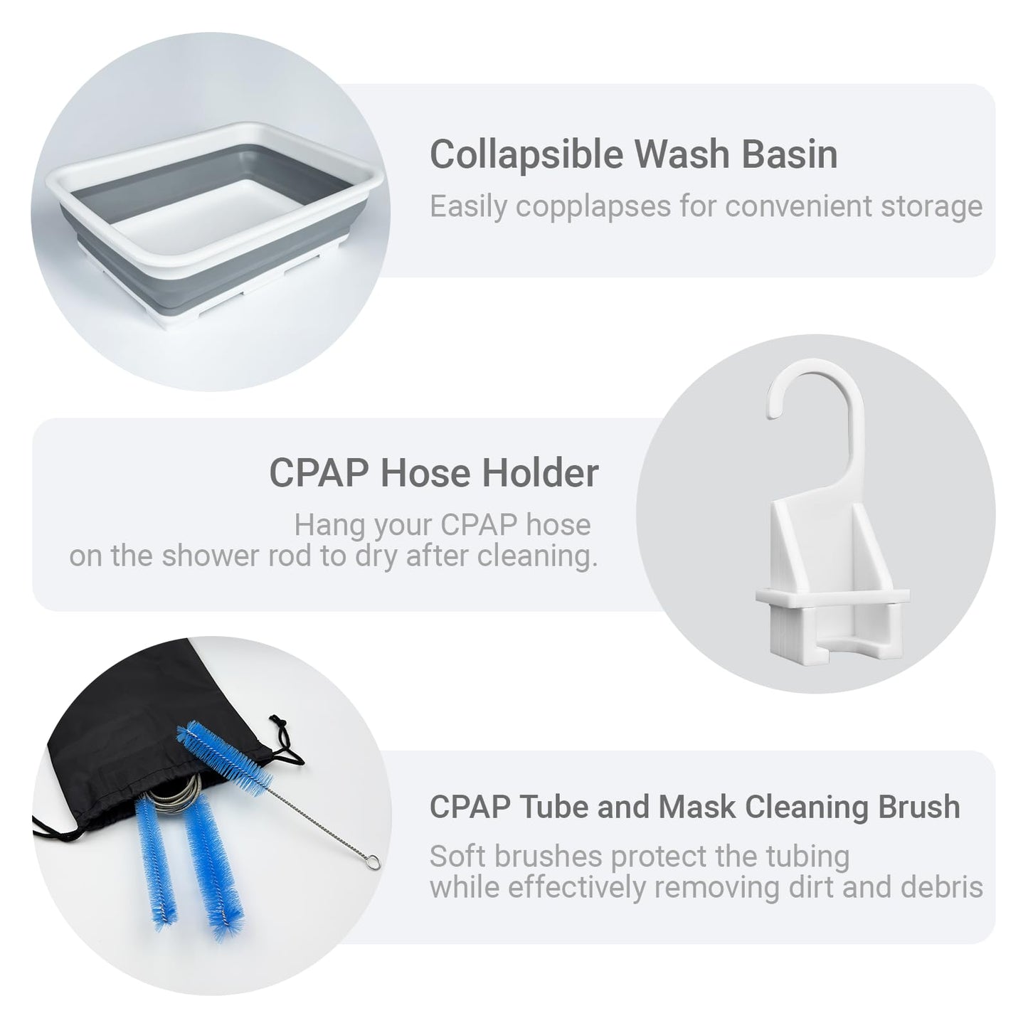 Nexonty 9 Pack CPAP Tube Cleaning Kit, Collapsible Wash Basin, CPAP Hose Holder, CPAP Tube Clips, CPAP Tubing Holder, Tube Cleaning Brush Fits for Standard15-22mm Diameter Tubing with Storage Bag