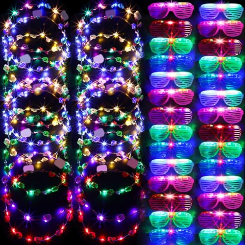 Honoson 48 Pack Glow in The Dark Party Supplies LED Glasses Light up Glasses LED Flower Crown Headband Multicolor Flower W...