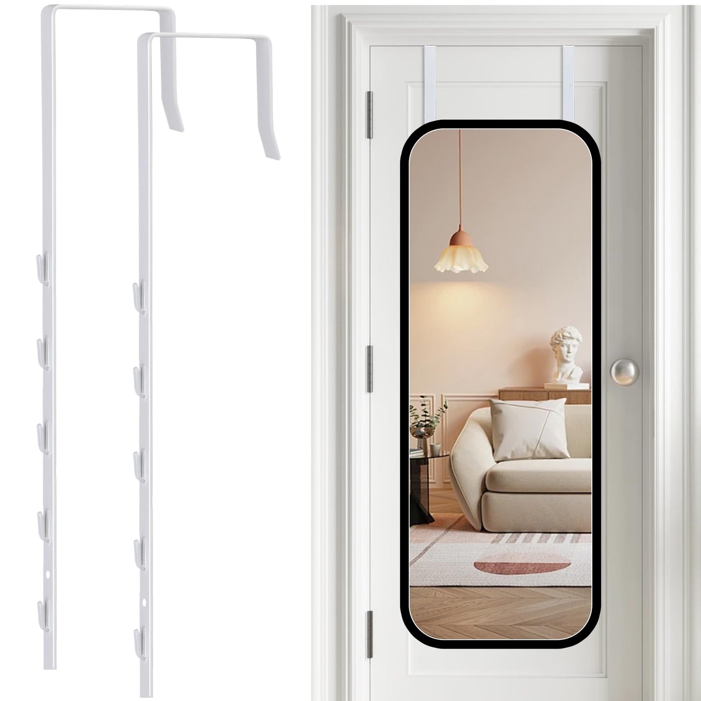 Dexspoeny Over-The-Door Mirror Hanger, Adjustable 13.6 in Door Mirrors Hanger with Protective Lining, Prevent Scratches, 2 Pcs Mirrors Brackets Perfect Height and Fit (Mirror Not Included) - White