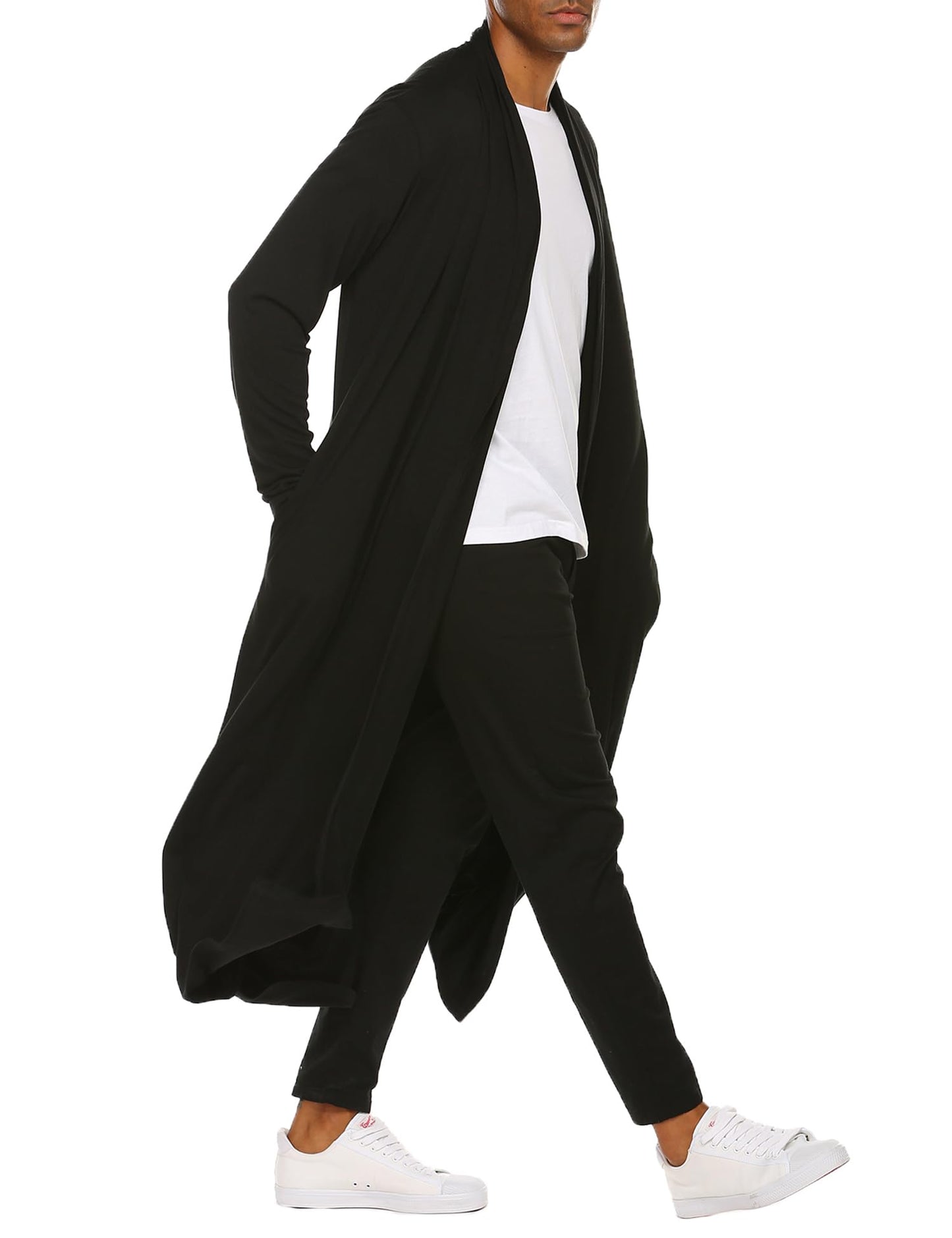 COOFANDY Men's Lightweight Ruffle Shawl Collar Cardigan Open Front Long Length Drape Cape Overcoat Black