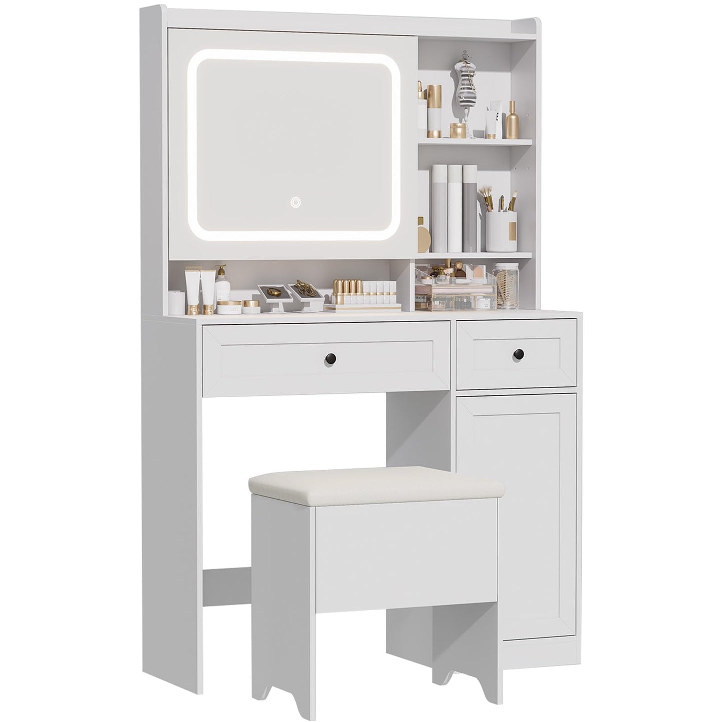 Hogxp Vanity Table with Hidden Storage & LED Mirror - Includes Padded Stool, 5 Compartments, 2 Drawers & 1 Storage Cabinet - Ideal Bedroom Makeup Dressing Table White